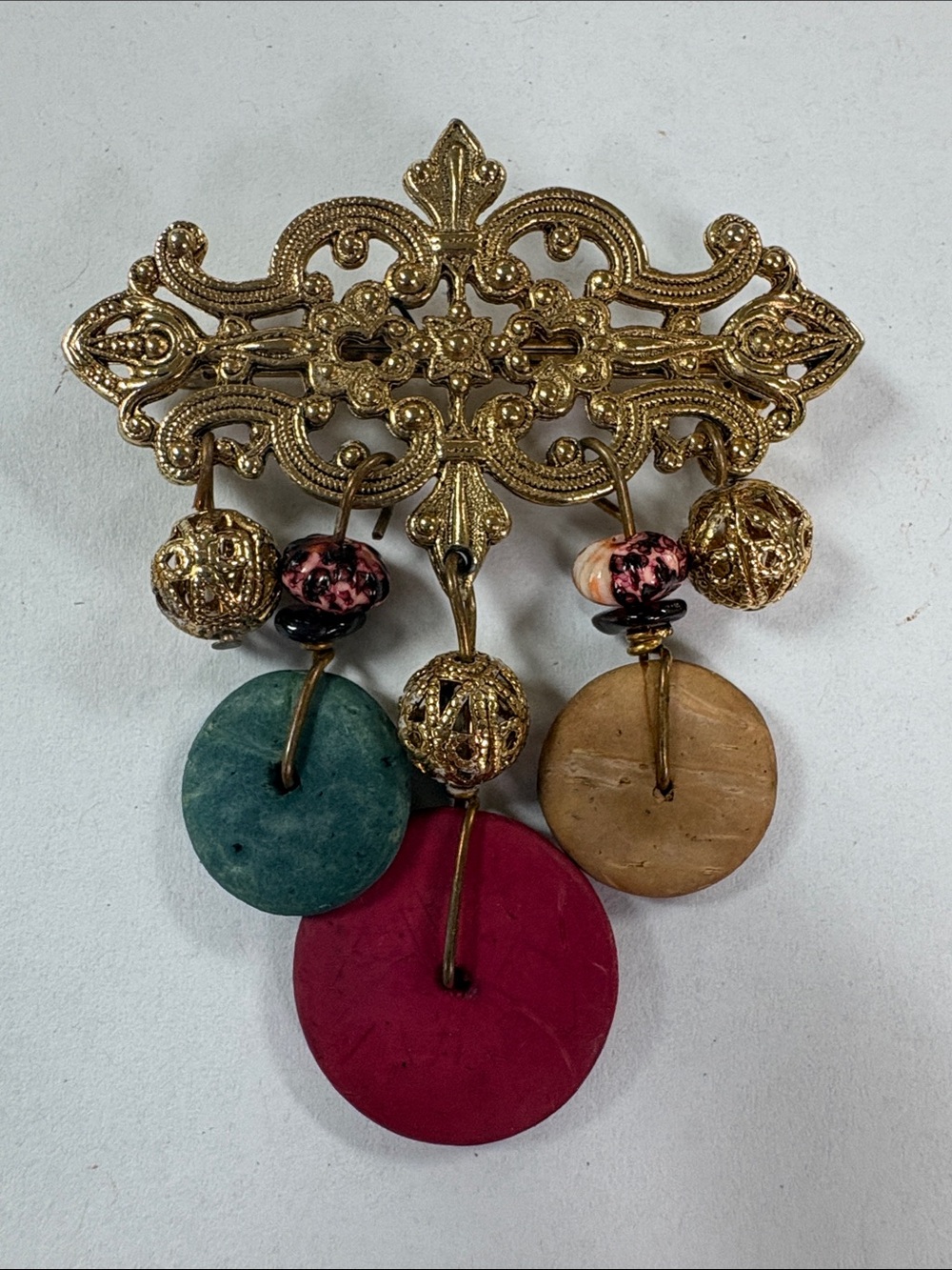 Gold Filigree Multi-Disk Brooch with Pink, Teal & Tan Accents